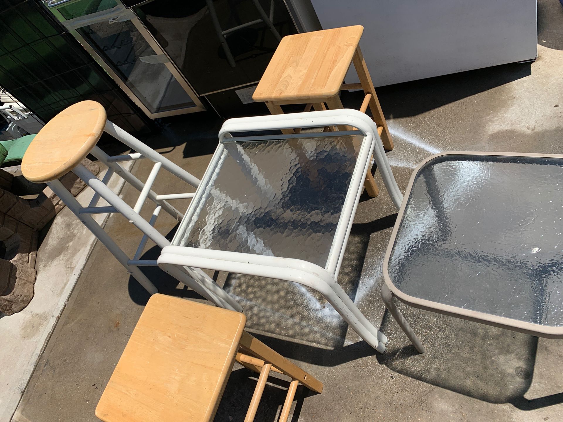 2 matching tables and 3 in great condition wooden chairs