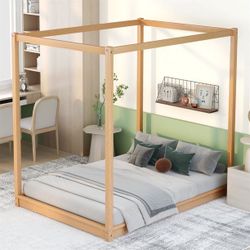 NEW Natural Full Size Canopy Platform Bed with Support Legs