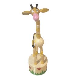 Vintage Wooden Giraffe Push Button Thumb Puppet 7"