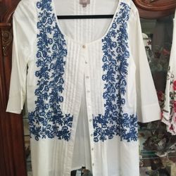 J.Jill Women's Size Small White Blue Flower Blouse
