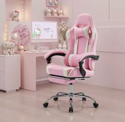 Ergonomic Faux Leather High Back Reclining Gaming Chair with Footrest for Adults in Pink White with Linkage Armrests