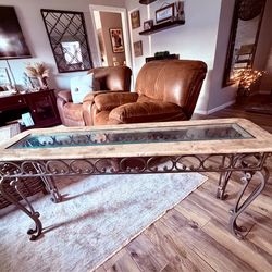 Elegant Wrought Iron & Glass Top Coffee Table (Stone Inlay)