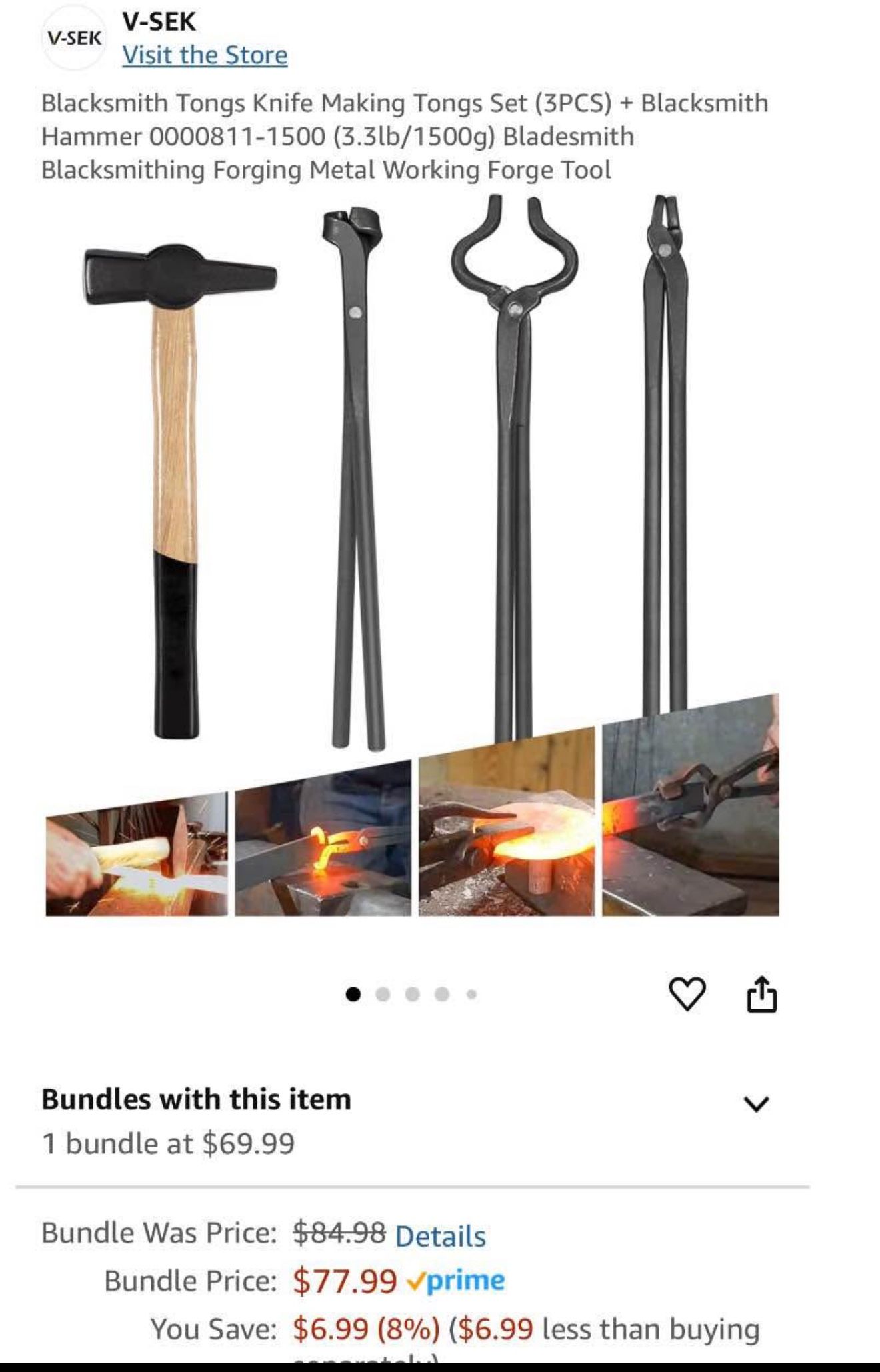 Blacksmith Tongs Knife Making Tongs Set (3PCS) + Blacksmith Hammer 0000811-1500 (3.3lb/1500g) Bladesmith Blacksmithing Forging Metal Working Forge Too