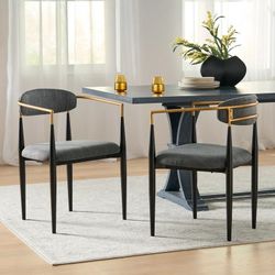 Noble House Boise Fabric Upholstered Metal Dining Chairs, Set of 2, Beige, Black, and Gold