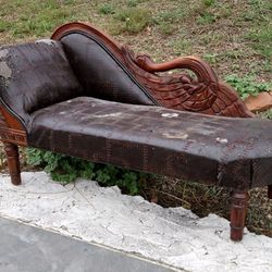 1800's Vintage Doll Chaise Lounge W/ Original Leather Upholstery, 