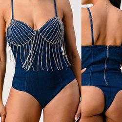 Blashe NWT VIRAL SEXY Blue Denim Fringe Rhinestone Jeweled Sleeveless Bodysuit M