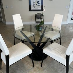 48” Round Dining Table And 4 Genuine Leather Chairs White And Black