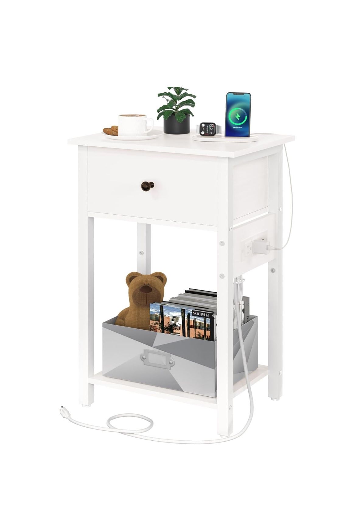 Nightstand with Charging Station, Side Table End Table with Large Drawer and Storage Shelf, Bed Side Table/Night Stand with USB Ports & Outlets, Rusti