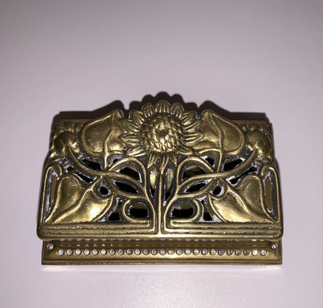 Antique Art Nouveau Solid Brass Stamp Holder Sunflower Trinket Box