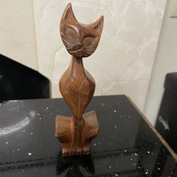 Vintage 1950s Hand Carved Wood Cat Figurine 7”T