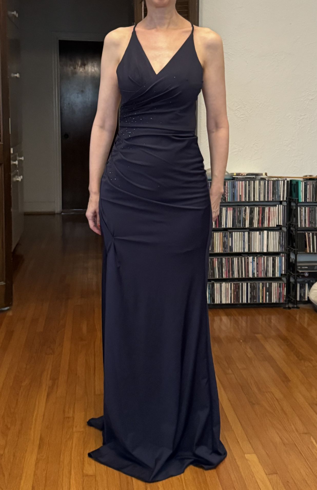 NWT Aspeed Design Navy Blue Beaded Backless Evening Wedding Maxi Dress with Slit, size XS