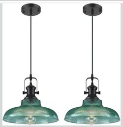 Set of 2 Green Glass Pendant Lights Kitchen Island, Ribbed Glass Kitchen Pendant Lights Fixture, Farmhouse Pendant Lighting for Dining Room Bedr