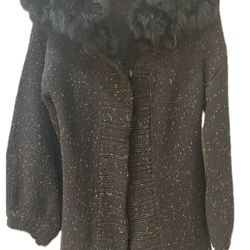 Women's Black Long Knitwear With Faux Fur Collar (4-6) 