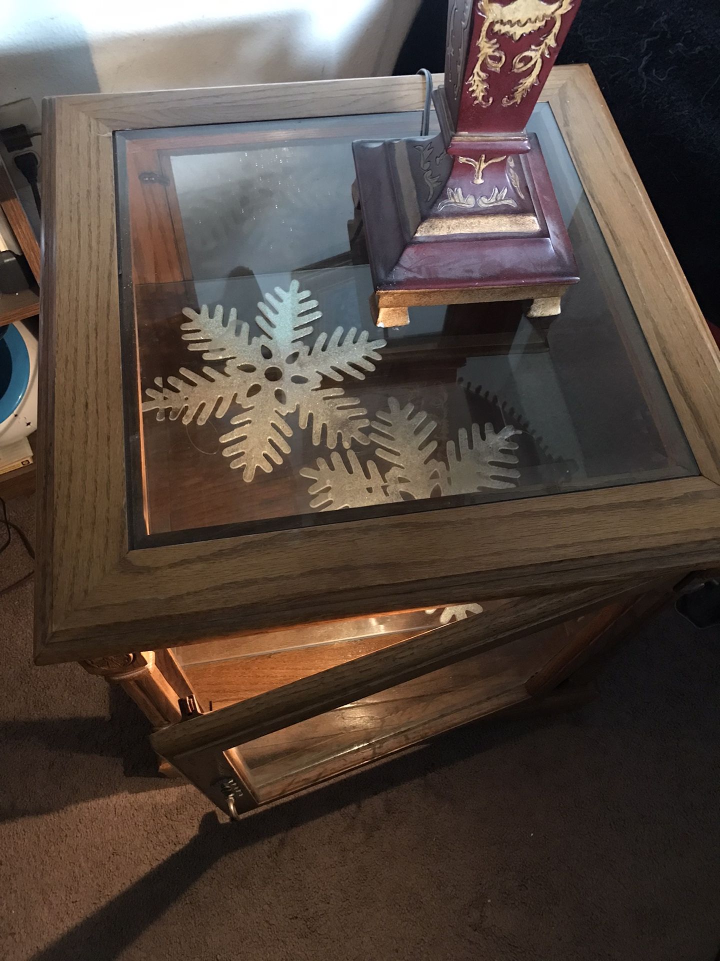 Wooden Display Chest Or End Table With Glass Shelve