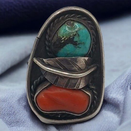 Vintage Sterling, Turquoise and Coral Ring Size 5.5