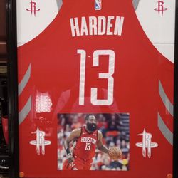 JAMES HARDEN OF THE HOUSTON ROCKETS AUTHENTIC BRANDED STITCHED FRAMED JERSEY.