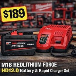 Milwaukee M18 REDLITHIUM FORGE HD12.0 Battery + Rapid Charger Set — NEW