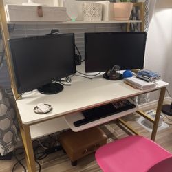White And Gold Two Tiered Desk With Lower Shelf 