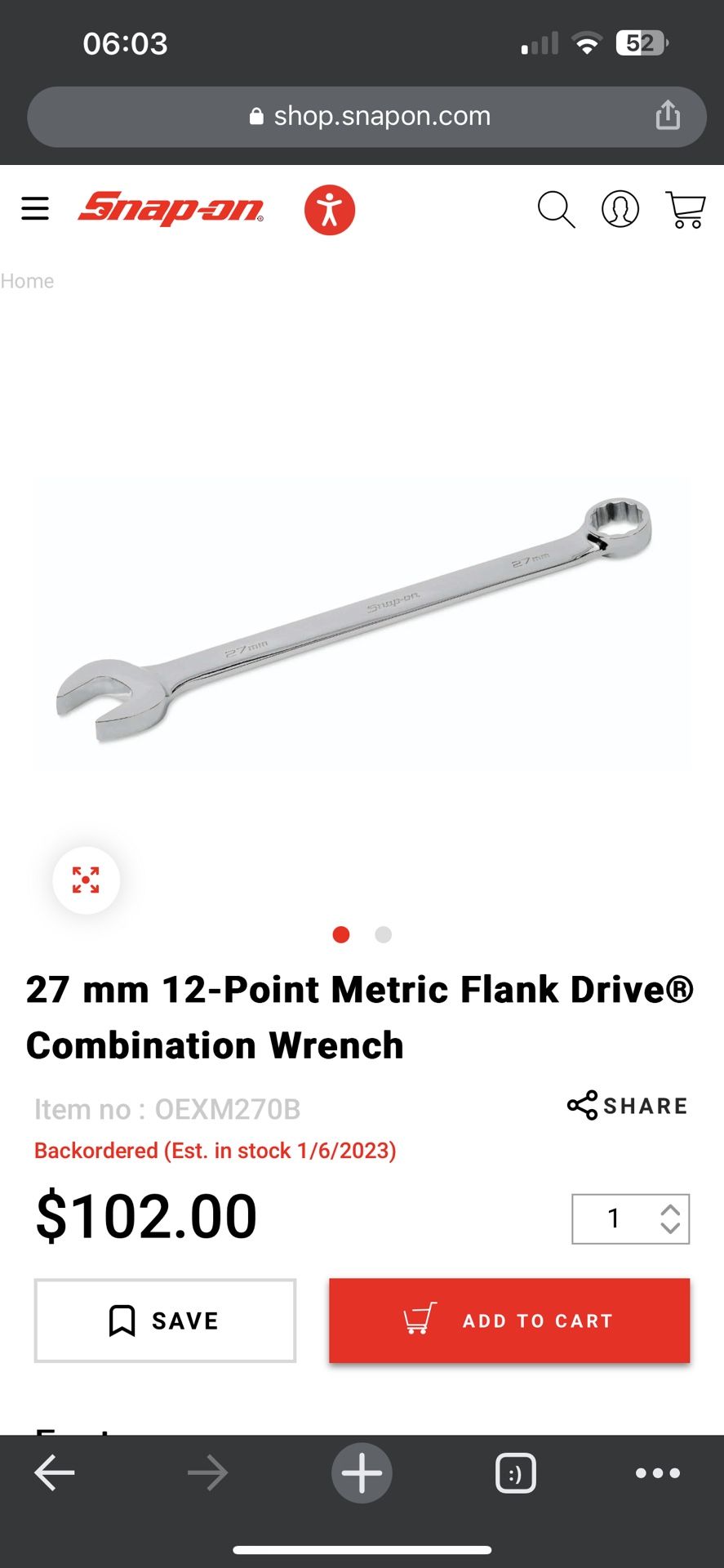 Snap On 27mm Metric Combination Wrench