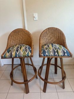 Pair of Capris Furniture Rattan Swivel Bar Stools - Newly Reupholsted