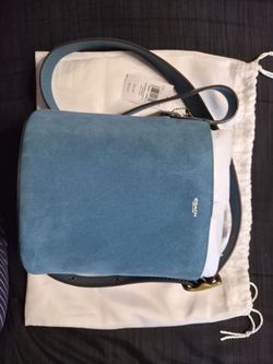Authentic Coach Bleecker Bucket Bag 21 Crossbody Suede/Brass/Sea Blue CCW84 + Pouch NWT