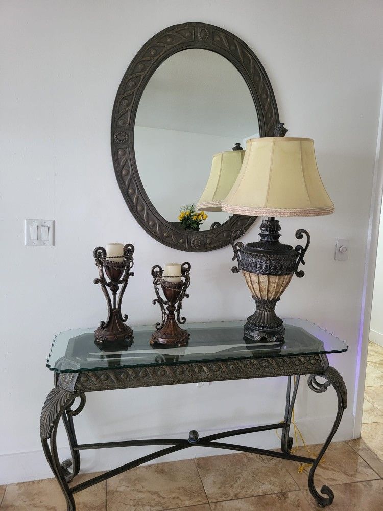 Lamp, Candle Holders, Table and Mirror