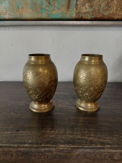 Set Of 2 Small Vintage Metal Desig Vase 7" H X 4" W