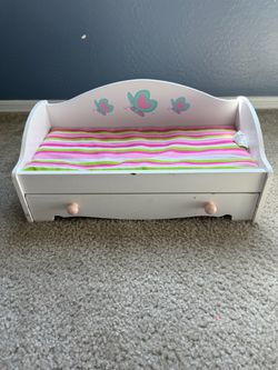 Wooden Doll Bed with Pink Butterfly Design and Striped Mattress