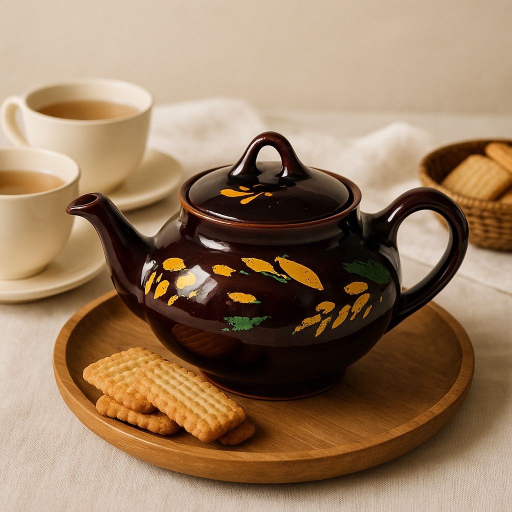 Canadian Art Pottery 1940s Dripless Brown Teapot Hand Painted Leaves, 4.5x6.5”