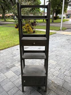 Dark Gray Wood Ladder Shelf with Drawer and Cabinet