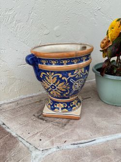 Large Ceramic Urn Planter Blue Gold Floral