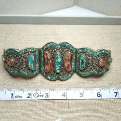 Vintage Hinged Bracelet – Turquoise & Coral Inlay, Brass Base