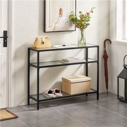 3-layer Console Table, Tempered Glass Porch Table, Sturdy Metal Frame Entryway Table, Modern Sofa Table with Storage Shelf for Kitchen, Living Room, B