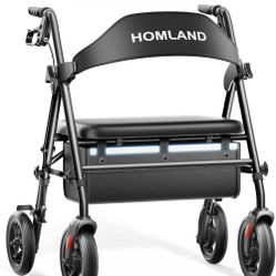 HOMLAND Bariatric Walkers for Seniors, 500lb Heavy Duty Rollator Walker with Extra Wide Padded Seat, 8 All Terrain Foldable Rolling Walker with Dual-H