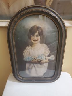 Antique Curved Convex Bubble Glass Frame Colorized Little Girl Hding Baby Doll Portrait