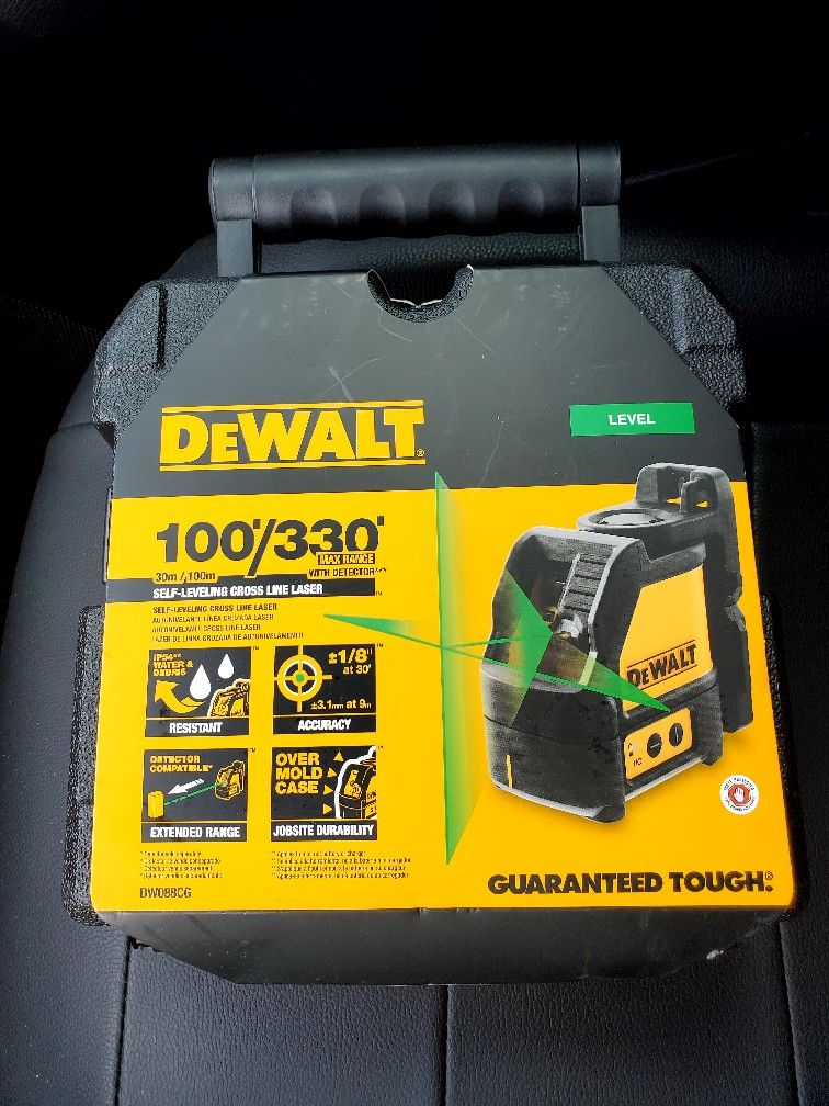 NEw, NUEVO, DEWALT
330 ft. Green Self-Leveling Cross Line Laser Level with (3) AA Batteries & Case