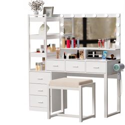 PAKASEPT Makeup Vanity Desk with Mirror and Lights, Vanity Desk with Charging Station