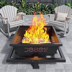 large fire pit, 42" Square Outdoor Wood Burning Fire pit with Pocker for Camping, Backyard, Patio, Black
