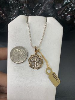 Atocha silver coin pendant in gold bezel with silver chain 16”