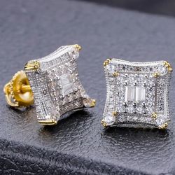 Exquisite Paved Squared 14K Gold Plated A+ Cubic Zirconia Men Women 15mm Stud Earrings 