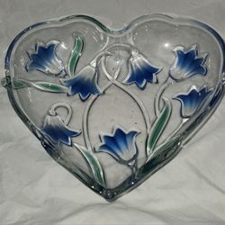 Vintage Walther Glass Blue Flower Heart Shaped Bowl