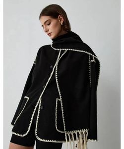 Commense size S Black Wool Jacket with Cream Embroidered Trim
