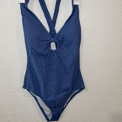 Kona Sol Women's Ribbed blue Ring Front One Piece Swimsuit Size Small