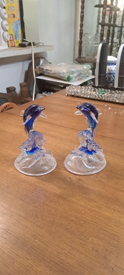 Murano Style Set Of 2 Art Glass Dolphins Riding The Waves 6"H In Clear & Cobalt Blue 