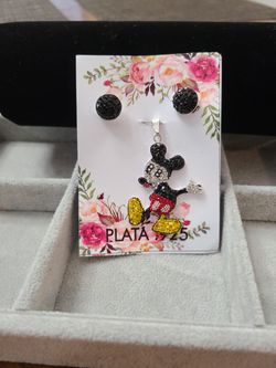 Juego De Dije Y Aretes De Mickey, Plata 925
