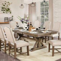 Brand New Rustic Light Oak, Beige 9pc Dining Table Set