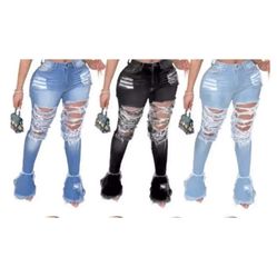 Denim Distressed High Waisted Skinny Bell Bottom Jeans 
