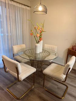 Modern Clear Tempered Glass Round Top Dining Table with Hourglass Gold Base - Brass