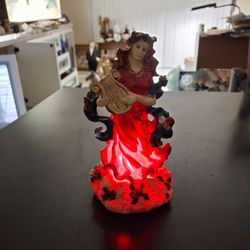 Beautiful Woman In A Red Dress That Lights Up Playing A Lyre, Candle Holder 7.5" Tall 