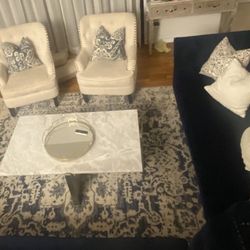 Living Room Set: Blue velvet Sofa, Accent Chairs & Marble coffee table